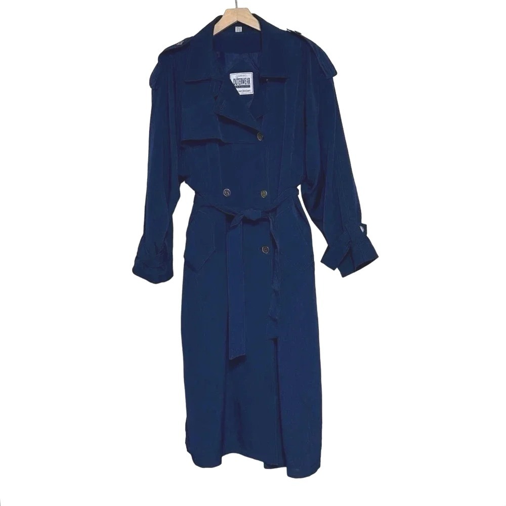 Vintage‎ Adrian Jordan Navy Blue Trench Coat Full Length Belted Double Breasted
